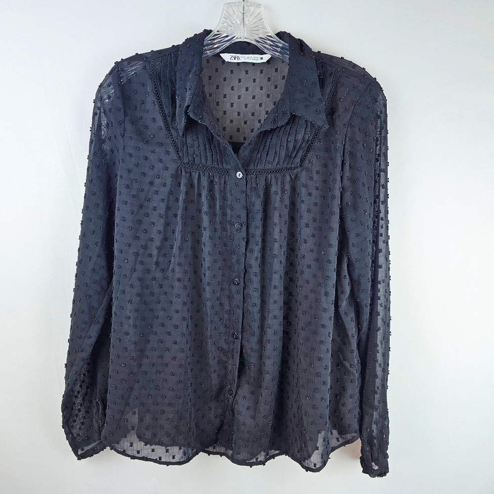Zara Black Sheer Blouse Shirt Swiss Dots  Sm Dark Feminine Whimsigoth Elevated